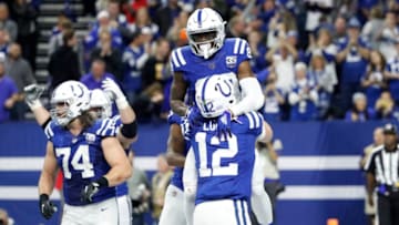 INDIANAPOLIS, INDIANA - DECEMBER 23: Chester Rogers #80 and Andrew Luck #12 of the Indianapolis Colts celebrate after a touch down in the game against the New York Giants in the fourth quarter at Lucas Oil Stadium on December 23, 2018 in Indianapolis, Indiana. (Photo by Joe Robbins/Getty Images)