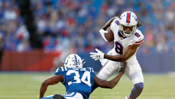 ORCHARD PARK, NY - AUGUST 08: Rock Ya-Sin #34 of the Indianapolis Colts tries to make a tackle on Andre Roberts #8 of the Buffalo Bills after he makes a catch during the first half against the Indianapolis Colts during a preseason game at New Era Field on August 8, 2019 in Orchard Park, New York. (Photo by Timothy T. Ludwig/Getty Images)