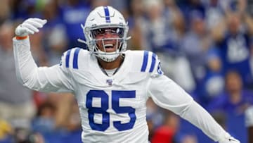INDIANAPOLIS, IN - AUGUST 17: Tight end Eric Ebron #85 of the Indianapolis Colts celebrates a touchdown during the game against the Cleveland Browns at Lucas Oil Stadium on August 17, 2019 in Indianapolis, Indiana. (Photo by Michael Hickey/Getty Images)