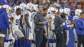 INDIANAPOLIS, IN - AUGUST 17: Head coach Frank Reich of the Indianapolis Colts is seen during the preseason game against the Cleveland Browns at Lucas Oil Stadium on August 17, 2019 in Indianapolis, Indiana. (Photo by Michael Hickey/Getty Images)