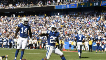 CARSON, CA - SEPTEMBER 08: Running back Marlon Mack #25 of the Indianapolis Colts reacts after scoring to tie the game against Los Angeles Chargers during the second half at Dignity Health Sports Park on September 8, 2019 in Carson, California. (Photo by Kevork Djansezian/Getty Images)