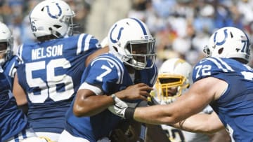 CARSON, CA - SEPTEMBER 08: Quarterback Jacoby Brissett #7 of the Indianapolis Colts is sacked by defensive end Joey Bosa #97 of the Los Angeles Chargers during the second half at Dignity Health Sports Park on September 8, 2019 in Carson, California. (Photo by Kevork Djansezian/Getty Images)