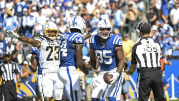 CARSON, CA - SEPTEMBER 08: Tight end Eric Ebron #85 of the Indianapolis Colts reacts to the referee after his touchdown catch was ruled incomplete against defensive back Rayshawn Jenkins #23 of the Los Angeles Chargers during the first half at Dignity Health Sports Park on September 8, 2019 in Carson, California. (Photo by Kevork Djansezian/Getty Images)