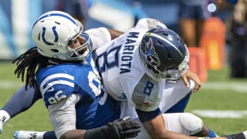 NASHVILLE, TN - SEPTEMBER 15: Denico Autry #96 of the Indianapolis Colts sacks and causes a fumble by Marcus Mariota #8 of the Tennessee Titans at Nissan Stadium on September 15, 2019 in Nashville,Tennessee. The Colts defeated the Titans 19-17. (Photo by Wesley Hitt/Getty Images)