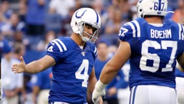 INDIANAPOLIS, INDIANA - AUGUST 24: Adam Vinatieri #4 of the Indianapolis Colts celebrates a made field goal in the preseason game against the Chicago Bears at Lucas Oil Stadium on August 24, 2019 in Indianapolis, Indiana. (Photo by Justin Casterline/Getty Images)