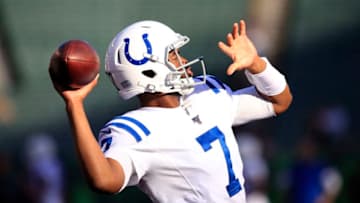 CINCINNATI, OHIO - AUGUST 29: Jacoby Brissett #7 of the Indianapolis Colts warms up before the game against the Cincinnati Bengals at Paul Brown Stadium on August 29, 2019 in Cincinnati, Ohio. (Photo by Andy Lyons/Getty Images)