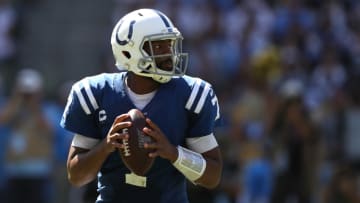 CARSON, CALIFORNIA - SEPTEMBER 08: Jacoby Brissett #7 of the Indianapolis Colts looks to pass during the first half of a game against the Los Angeles Chargers at Dignity Health Sports Park on September 08, 2019 in Carson, California. (Photo by Sean M. Haffey/Getty Images)