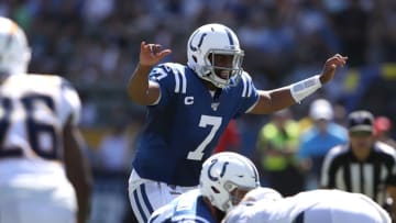 CARSON, CALIFORNIA - SEPTEMBER 08: Jacoby Brissett #7 of the Indianapolis Colts calls a play from the line of scrimmage during the first half of a game against the Los Angeles Chargers at Dignity Health Sports Park on September 08, 2019 in Carson, California. (Photo by Sean M. Haffey/Getty Images)