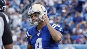 NASHVILLE, TENNESSEE - SEPTEMBER 15: Kicker Adam Vinatieri #4 of the Indianapolis Colts reacts after missing an extra point in the second half of a 19-17 Colts victory over the Tennessee Titans at Nissan Stadium on September 15, 2019 in Nashville, Tennessee. (Photo by Frederick Breedon/Getty Images)