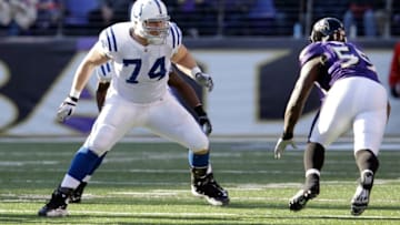 BALTIMORE, MD - DECEMBER 11: Anthony Castonzo #74 of the Indianapolis Colts blocks Terrell Suggs #55 of the Baltimore Ravens at M&T Bank Stadium on December 11, 2011 in Baltimore, Maryland. (Photo by Rob Carr/Getty Images)