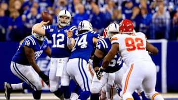 INDIANAPOLIS, IN - JANUARY 04: Quarterback Andrew Luck #12 of the Indianapolis Colts passes against the Kansas City Chiefs during a Wild Card Playoff game at Lucas Oil Stadium on January 4, 2014 in Indianapolis, Indiana. (Photo by Rob Carr/Getty Images)