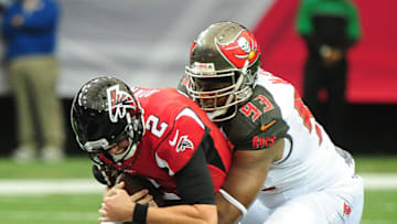 ATLANTA, GA - SEPTEMBER 11: Matt Ryan #2 of the Atlanta Falcons is sacked by Gerald McCoy #93 of the Tampa Bay Buccaneers at the Georgia Dome on September 11, 2016 in Atlanta, Georgia. (Photo by Scott Cunningham/Getty Images)