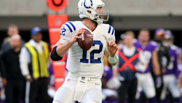 MINNEAPOLIS, MN - DECEMBER 18: Andrew Luck #12 of the Indianapolis Colts drops back to pass the ball in the second quarter of the game agains the Minnesota Vikings on December 18, 2016 at US Bank Stadium in Minneapolis, Minnesota. (Photo by Adam Bettcher/Getty Images)