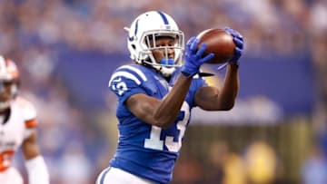 INDIANAPOLIS, IN - SEPTEMBER 24: T.Y. Hilton #13 of the Indianapolis Colts catches a pass during the game against the Cleveland Browns at Lucas Oil Stadium on September 24, 2017 in Indianapolis, Indiana. (Photo by Andy Lyons/Getty Images)