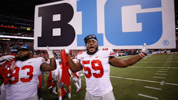 INDIANAPOLIS, IN - DECEMBER 02: Defensive lineman Tyquan Lewis #59 of the Ohio State Buckeyes celebrates their 27-21 win over the Wisconsin Badgers during the Big Ten Championship game at Lucas Oil Stadium on December 2, 2017 in Indianapolis, Indiana. (Photo by Joe Robbins/Getty Images)