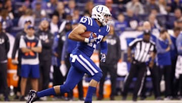 INDIANAPOLIS, IN - DECEMBER 14: Ross Travis #43 of the Indianapolis Colts runs with the ball after a reception against the Denver Broncos during the first half at Lucas Oil Stadium on December 14, 2017 in Indianapolis, Indiana. (Photo by Andy Lyons/Getty Images)