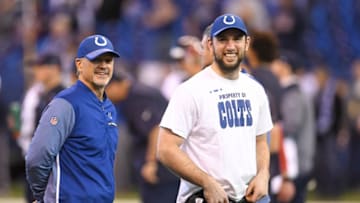 INDIANAPOLIS, IN - DECEMBER 31: Head coach Chuck Pagano of the Indianapolis Colts talks with Andrew Luck #12 prior to the game against the Houston Texans at Lucas Oil Stadium on December 31, 2017 in Indianapolis, Indiana. (Photo by Stacy Revere/Getty Images)