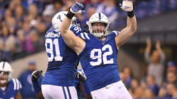 INDIANAPOLIS, IN - DECEMBER 31: Hassan Ridgeway #91 of the Indianapolis Colts celebrates with Margus Hunt #92 after a saftey against the Houston Texans during the second half at Lucas Oil Stadium on December 31, 2017 in Indianapolis, Indiana. (Photo by Stacy Revere/Getty Images)