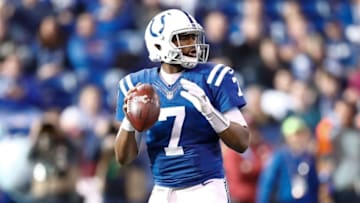 INDIANAPOLIS, IN - DECEMBER 31: Jacoby Brissett #7 of the Indianapolis Colts looks to pass against the Houston Texans during the first half at Lucas Oil Stadium on December 31, 2017 in Indianapolis, Indiana. (Photo by Andy Lyons/Getty Images)
