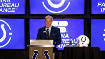 INDIANAPOLIS, IN - FEBRUARY 13: Owner Jim Irsay of the Indianapolis Colts introduces head coach Frank Reich to the media during a press conference at Lucas Oil Stadium on February 13, 2018 in Indianapolis, Indiana. (Photo by Michael Reaves/Getty Images)