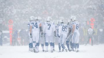 ORCHARD PARK, NY - DECEMBER 10: The Indianapolis Colts huddle during the first quarter of a game against the Buffalo Bills on December 10, 2017 at New Era Field in Orchard Park, New York. (Photo by Tom Szczerbowski/Getty Images)