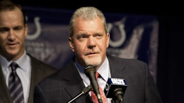 INDIANAPOLIS, IN - MARCH 07: Peyton Manning (L) listens as Indianapolis Colts owner Jim Irsay speaks at a press conference announcing Manning's release from the Colts at Indiana Farm Bureau Football Center on March 7, 2012 in Indianapolis, Indiana. (Photo by Joey Foley/Getty Images)