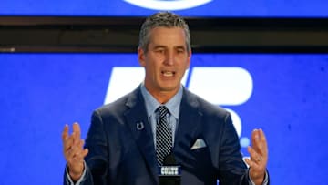 INDIANAPOLIS, IN - FEBRUARY 13: Head coach Frank Reich of the Indianapolis Colts addresses the media during his introductory press conference at Lucas Oil Stadium on February 13, 2018 in Indianapolis, Indiana. (Photo by Michael Reaves/Getty Images)