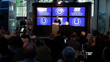 INDIANAPOLIS, IN - FEBRUARY 13: Owner Jim Irsay of the Indianapolis Colts introduces head coach Frank Reich to the media during a press conference at Lucas Oil Stadium on February 13, 2018 in Indianapolis, Indiana. (Photo by Michael Reaves/Getty Images)