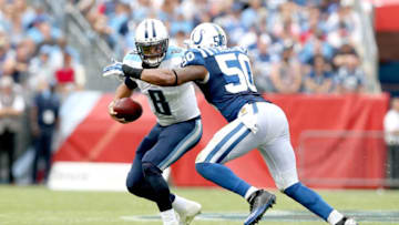 NASHVILLE, TN - SEPTEMBER 27: Marcus Mariota #8 of the Tennessee Titans is sacked by Jerrell Freeman #50 of the Indianapolis Colts during the game at LP Field on September 27, 2015 in Nashville, Tennessee. (Photo by Andy Lyons/Getty Images)