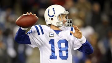 NASHVILLE, TN - DECEMBER 09: Peyton Manning #18 of the Indianapolis Colts throws a pass during the NFL game against the Tennessee Titans at LP Field on December 9, 2010 in Nashville, Tennessee. The Colts won 30-28. (Photo by Andy Lyons/Getty Images)