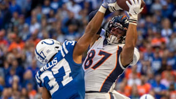 INDIANAPOLIS, IN - OCTOBER 27: Khari Willis #37 of the Indianapolis Colts breaks up a pass to Noah Fant #87 of the Denver Broncos in the end zone during the second quarter of the game at Lucas Oil Stadium on October 27, 2019 in Indianapolis, Indiana. (Photo by Bobby Ellis/Getty Images)