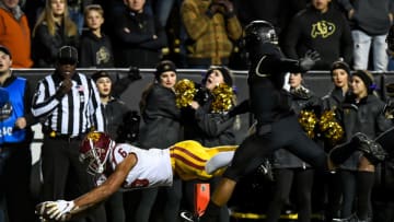BOULDER, CO - OCTOBER 25: Michael Pittman Jr. #6 of the USC Trojans dives across the goal line for a fourth-quarter go ahead touchdown against the Colorado Buffaloes at Folsom Field on October 25, 2019 in Boulder, Colorado. (Photo by Dustin Bradford/Getty Images)