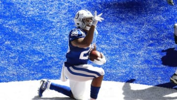 INDIANAPOLIS, INDIANA - SEPTEMBER 20: Jonathan Taylor #28 of the Indianapolis Colts celebrates after scoring a touchdown against the Minnesota Vikings at Lucas Oil Stadium on September 20, 2020 in Indianapolis, Indiana. (Photo by Andy Lyons/Getty Images)