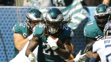 NASHVILLE, TN - SEPTEMBER 30: Jay Ajayi #26 of the Philadelphia Eagles runs with the ball against the Tennessee Titans during the second quarter at Nissan Stadium on September 30, 2018 in Nashville, Tennessee. (Photo by Frederick Breedon/Getty Images)