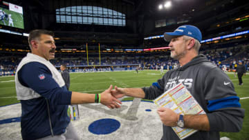 INDIANAPOLIS, IN - DECEMBER 01: (L-R) Head coach Mike Vrabel of the Tennessee Titans shakes hands with head coach Frank Reich of the Indianapolis Colts after the game at Lucas Oil Stadium on December 1, 2019 in Indianapolis, Indiana. Tennessee defeats Indianapolis 31-17. (Photo by Brett Carlsen/Getty Images)