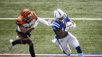 INDIANAPOLIS, IN - OCTOBER 18: DeMichael Harris #12 of the Indianapolis Colts makes a catch for a first down during the third quarter of the game against the Cincinnati Bengals at Lucas Oil Stadium on October 18, 2020 in Indianapolis, Indiana. (Photo by Bobby Ellis/Getty Images)