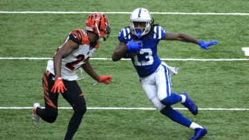 INDIANAPOLIS, INDIANA - OCTOBER 18: T.Y. Hilton #13 of the Indianapolis Colts runs the ball against William Jackson III #22 of the Cincinnati Bengals during the first half at Lucas Oil Stadium on October 18, 2020 in Indianapolis, Indiana. (Photo by Andy Lyons/Getty Images)