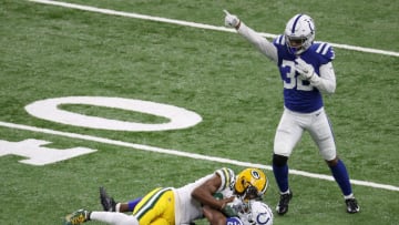 INDIANAPOLIS, INDIANA - NOVEMBER 22: Rock Ya-Sin #26 of the Indianapolis Coltsintercepts a pass during the first quarter against the Green Bay Packers in the game at Lucas Oil Stadium on November 22, 2020 in Indianapolis, Indiana. (Photo by Andy Lyons/Getty Images)