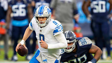 NASHVILLE, TENNESSEE - Quarterback Matthew Stafford #9 of the Detroit Lions runs with the ball during a game against the Tennessee Titans at Nissan Stadium on December 20, 2020 in Nashville, Tennessee. The Titans defeated the Lions 46-25. (Photo by Wesley Hitt/Getty Images)