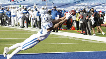 ORCHARD PARK, NEW YORK - JANUARY 09: Michael Pittman #11 of the Indianapolis Colts can't complete a touchdown pass during the first half of the AFC Wild Card playoff game against the Buffalo Bills at Bills Stadium on January 09, 2021 in Orchard Park, New York. (Photo by Bryan M. Bennett/Getty Images)