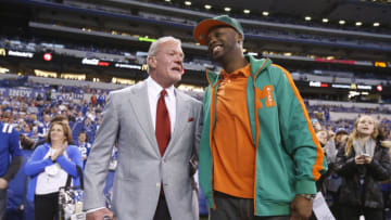 INDIANAPOLIS, IN - NOVEMBER 29: Indianapolis Colts owner Jim Irsay talks with former player Reggie Wayne before the game against the Tampa Bay Buccaneers at Lucas Oil Stadium on November 29, 2015 in Indianapolis, Indiana. The Colts defeated the Bucs 25-12. (Photo by Joe Robbins/Getty Images)