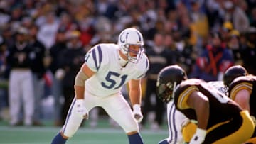 PITTSBURGH, PA - JANUARY 14: Linebacker Trev Alberts #51 of the Indianapolis Colts looks on from the line of scrimmage during the 1995 season AFC Championship Game against the Pittsburgh Steelers at Three Rivers Stadium on January 14, 1996 in Pittsburgh, Pennsylvania. The Steelers defeated the Colts 20-16. (Photo by George Gojkovich/Getty Images)