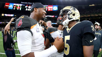 NEW ORLEANS, LOUISIANA - OCTOBER 06: Teddy Bridgewater #5 of the New Orleans Saints is congratulated by Jameis Winston #3 of the Tampa Bay Buccaneers after his team was defeated by th New Orleans Saints 31 - 24 at the Mercedes Benz Superdome on October 06, 2019 in New Orleans, Louisiana. (Photo by Sean Gardner/Getty Images)