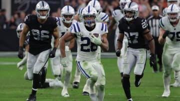 LAS VEGAS, NEVADA - NOVEMBER 13: Jonathan Taylor #28 of the Indianapolis Colts runs with the ball during the third quarter of the game against the Las Vegas Raiders at Allegiant Stadium on November 13, 2022 in Las Vegas, Nevada. (Photo by Ethan Miller/Getty Images)