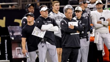 Oct 30, 2022; New Orleans, Louisiana, USA; Las Vegas Raiders head coach Josh McDaniels looks on against the New Orleans Saints during the second half at Caesars Superdome. Mandatory Credit: Stephen Lew-USA TODAY Sports