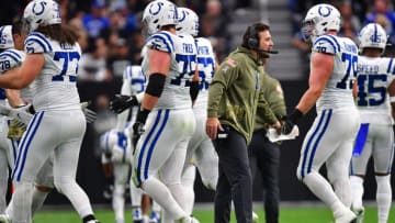 Nov 13, 2022; Paradise, Nevada, USA; Indianapolis Colts head coach Jeff Saturday greets offensive tackle Bernhard Raimann (79) after a field goal against the Las Vegas Raiders during the first half at Allegiant Stadium. Mandatory Credit: Gary A. Vasquez-USA TODAY Sports