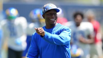 Aug 29, 2022; Thousand Oaks, CA, USA: Los Angeles Rams defensive coordinator Raheem Morris reacts during training camp at Cal Lutheran University. Mandatory Credit: Kirby Lee-USA TODAY Sports