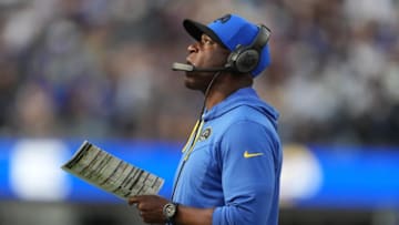 Oct 16, 2022; Inglewood, California, USA; Los Angeles Rams defensive coordinator Raheem Morris watches from the sidelines in the second half against the Carolina Panthers at SoFi Stadium. Mandatory Credit: Kirby Lee-USA TODAY Sports