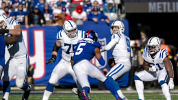 Jan 1, 2023; East Rutherford, New Jersey, USA; Indianapolis Colts quarterback Nick Foles (9) passes the ball against the New York Giants during the first half at MetLife Stadium. Mandatory Credit: John Jones-USA TODAY Sports