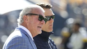 Nov 3, 2019; Pittsburgh, PA, USA; Indianapolis Colts owner James Irsay (left) and general manager Chris Ballard (right) look on before the Pittsburgh Steelers host the Colts at Heinz Field. The Steelers won 26-24. Mandatory Credit: Charles LeClaire-USA TODAY Sports